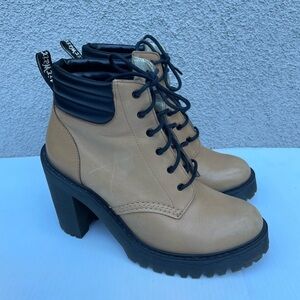 RARE Dr. Martens Tan Persephone 6 Eye Heeled Ankle Boots